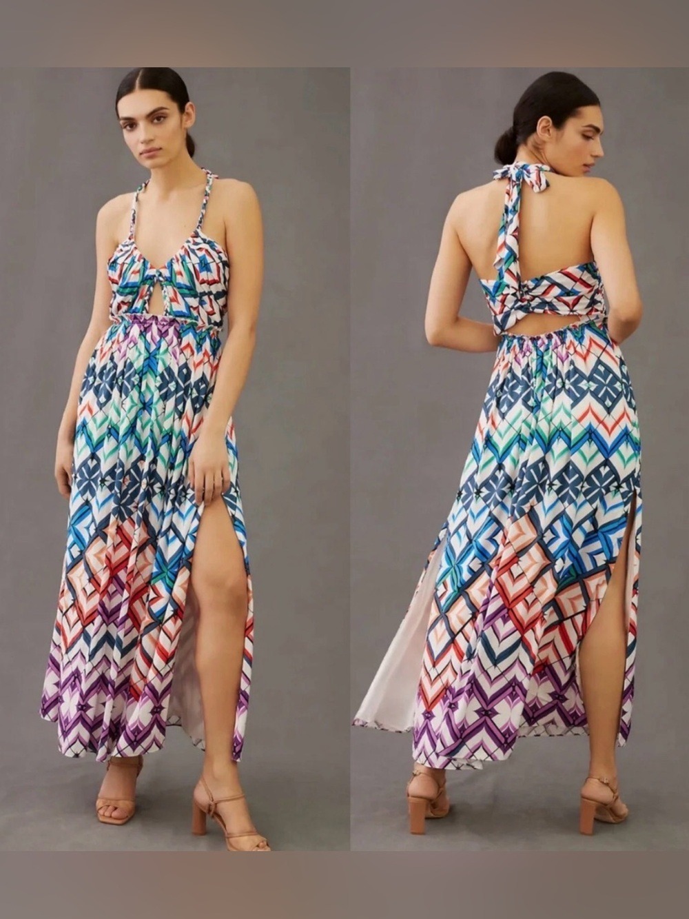 Anthropologie Womens Size 2 Geometric Cutout Halter Maxi Dress Braided Neck Tie
